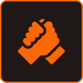 Orange handshake symbol on black background